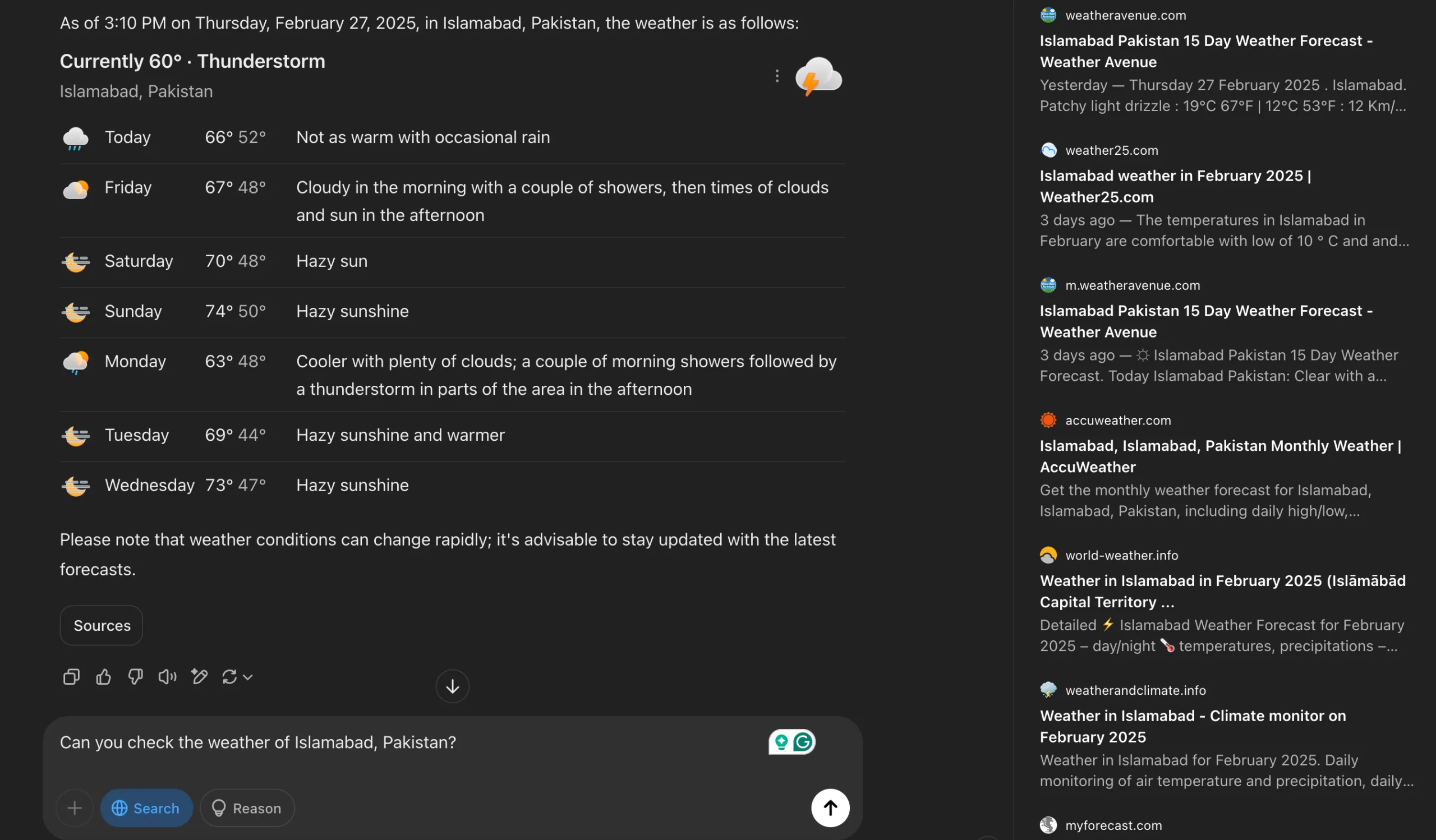 Checking weather using the Search feature in ChatGPT.