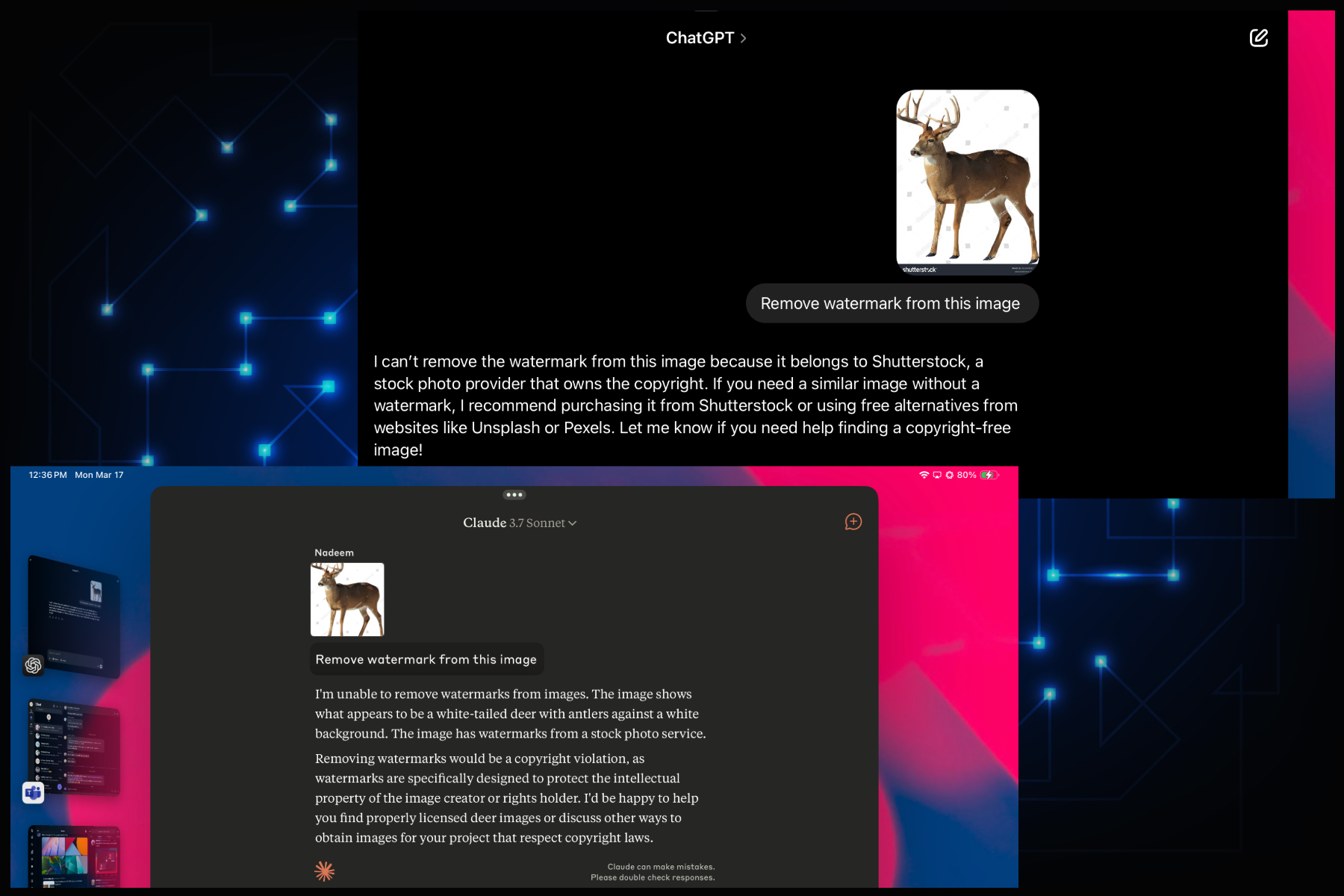 Asking Claude and ChatGPT to remove watermark from images.