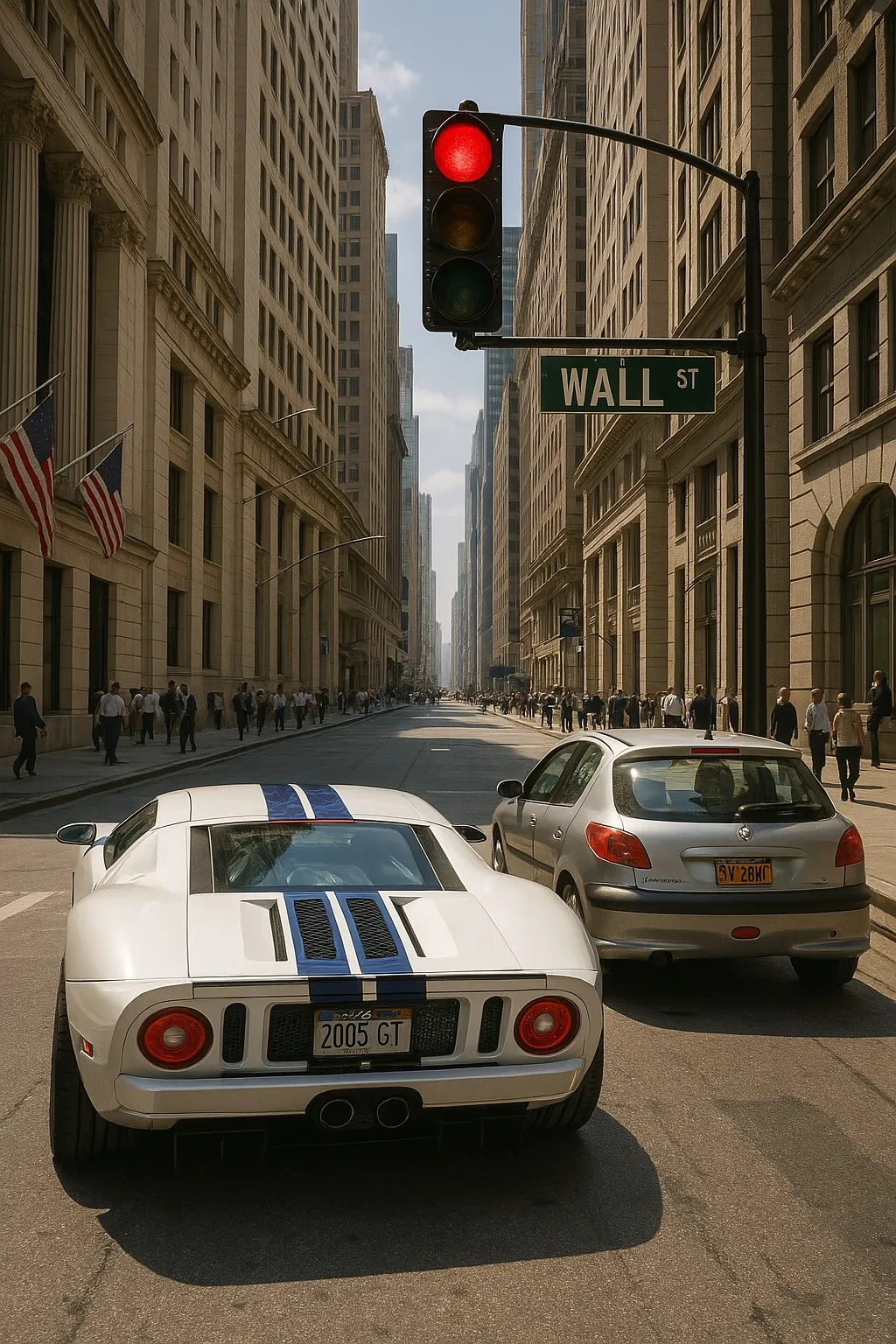 A 2006 Ford GT is stopped at a red traffic light next to a Peugeot 206