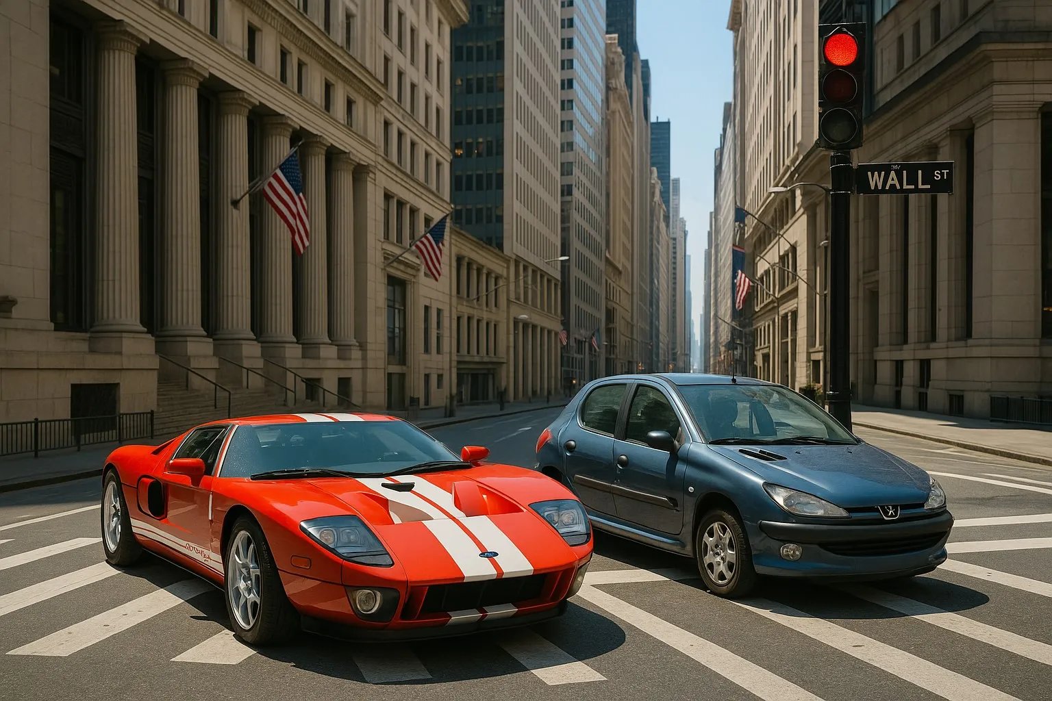 A 2006 Ford GT is stopped at a red traffic light next to a Peugeot 206