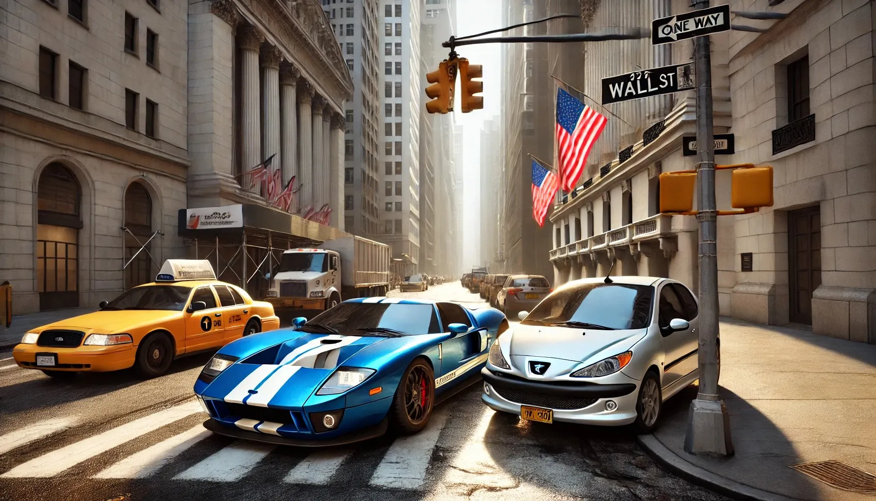 A 2006 Ford GT is stopped at a red traffic light next to a Peugeot 206