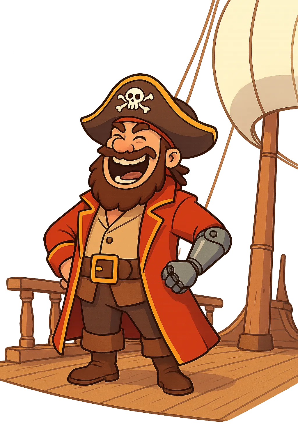 A cartoon-style pirate captain standing on the deck of a flying ship