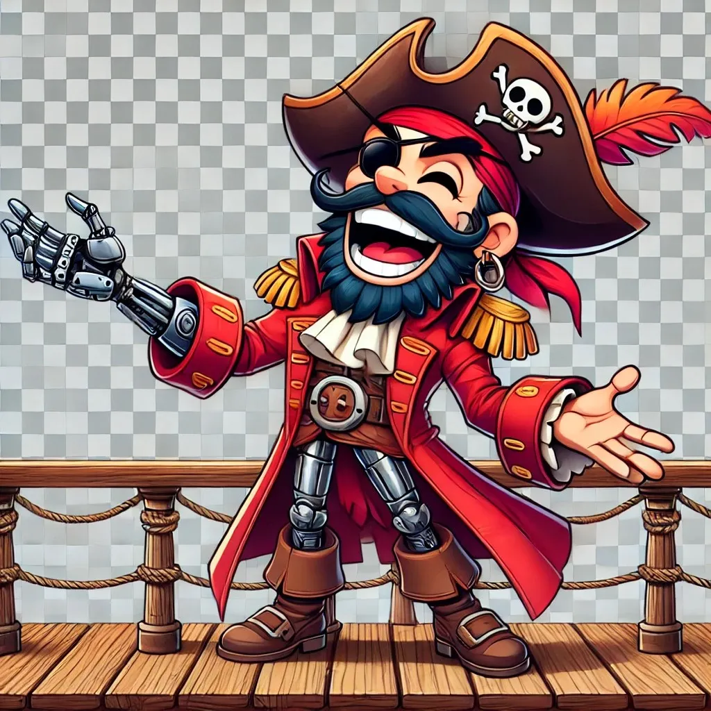 A cartoon-style pirate captain standing on the deck of a flying ship by DALL-E