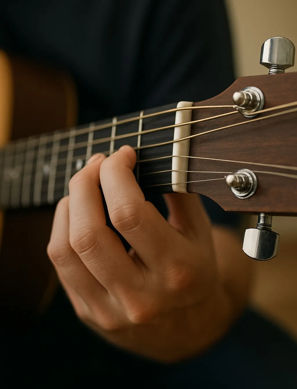 A close-up view of a person's hand playing an E minor chord on an acoustic guitar