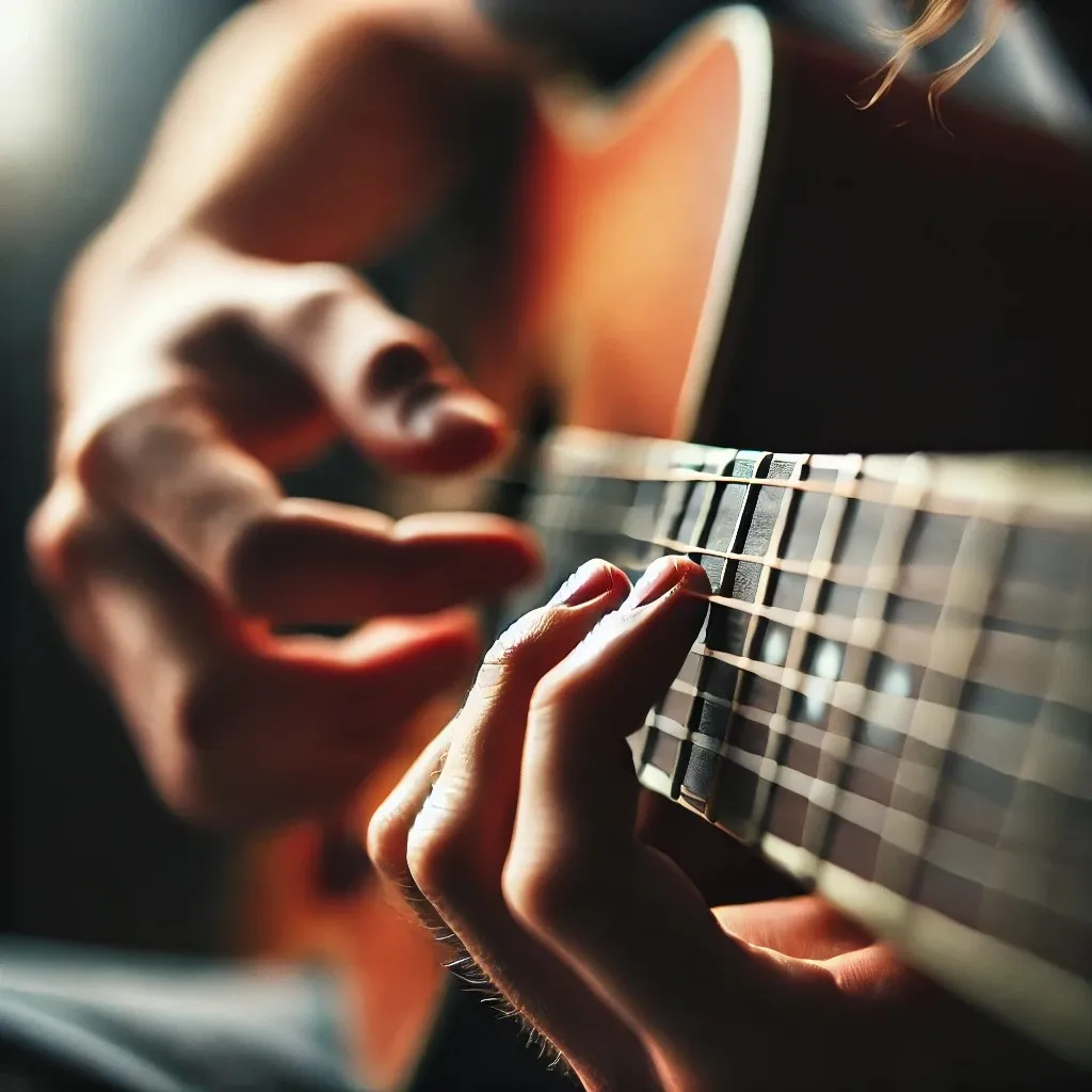 A close-up view of a person's hand playing an E minor chord on an acoustic guitar