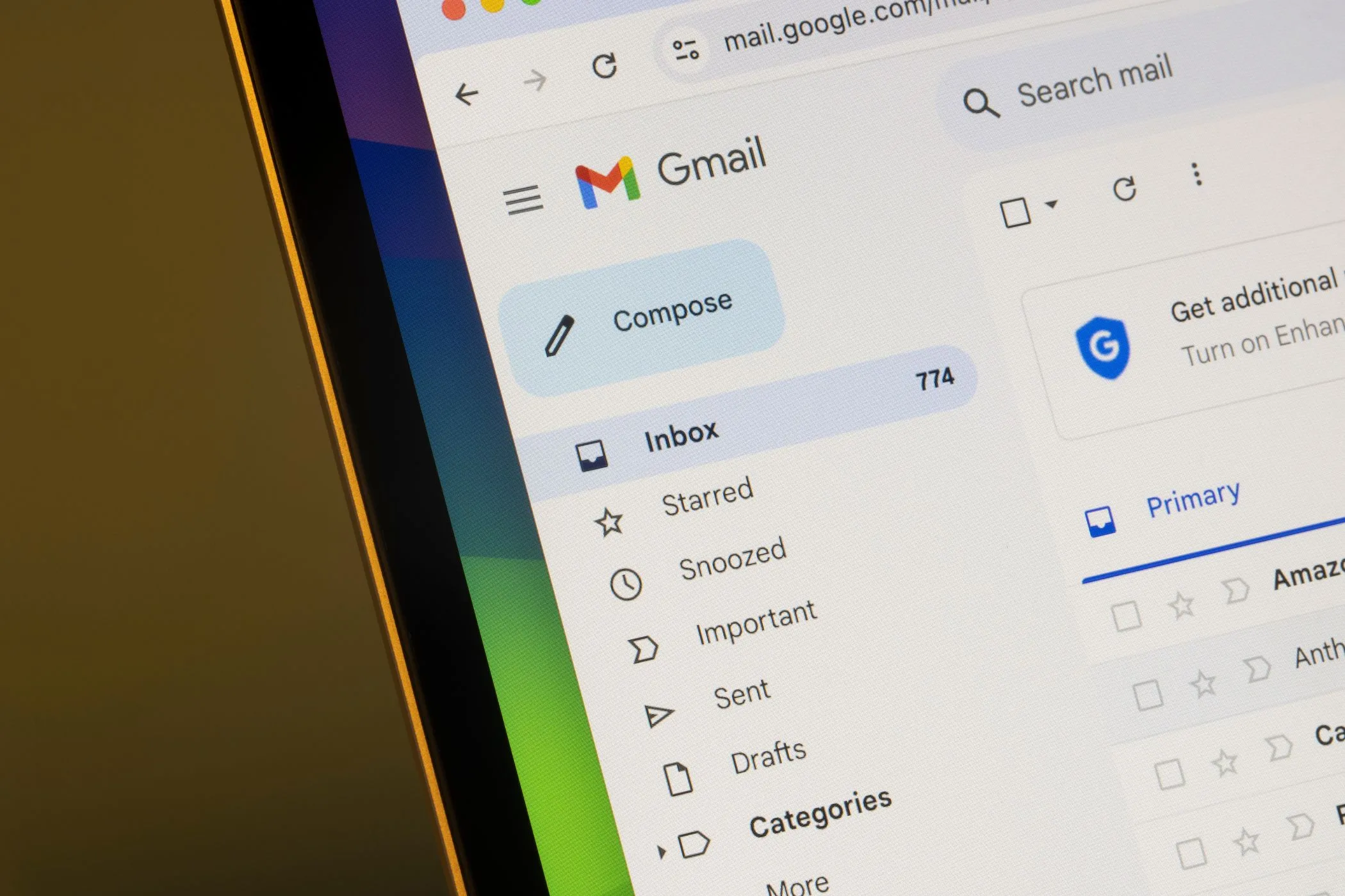 a gmail inbox on a laptop screen