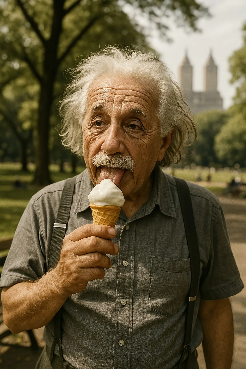 A man resembling Einstein eating ice cream in Central Park