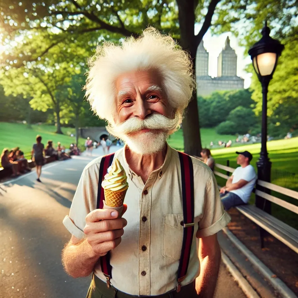 A man resembling Einstein eating ice cream in Central Park