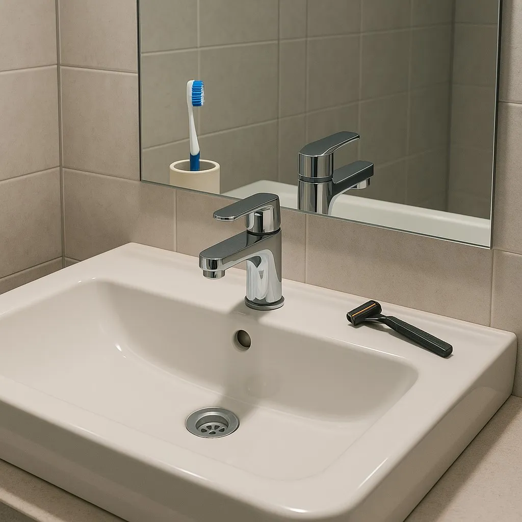 A modern bathroom sink with a sleek design and a clean countertop