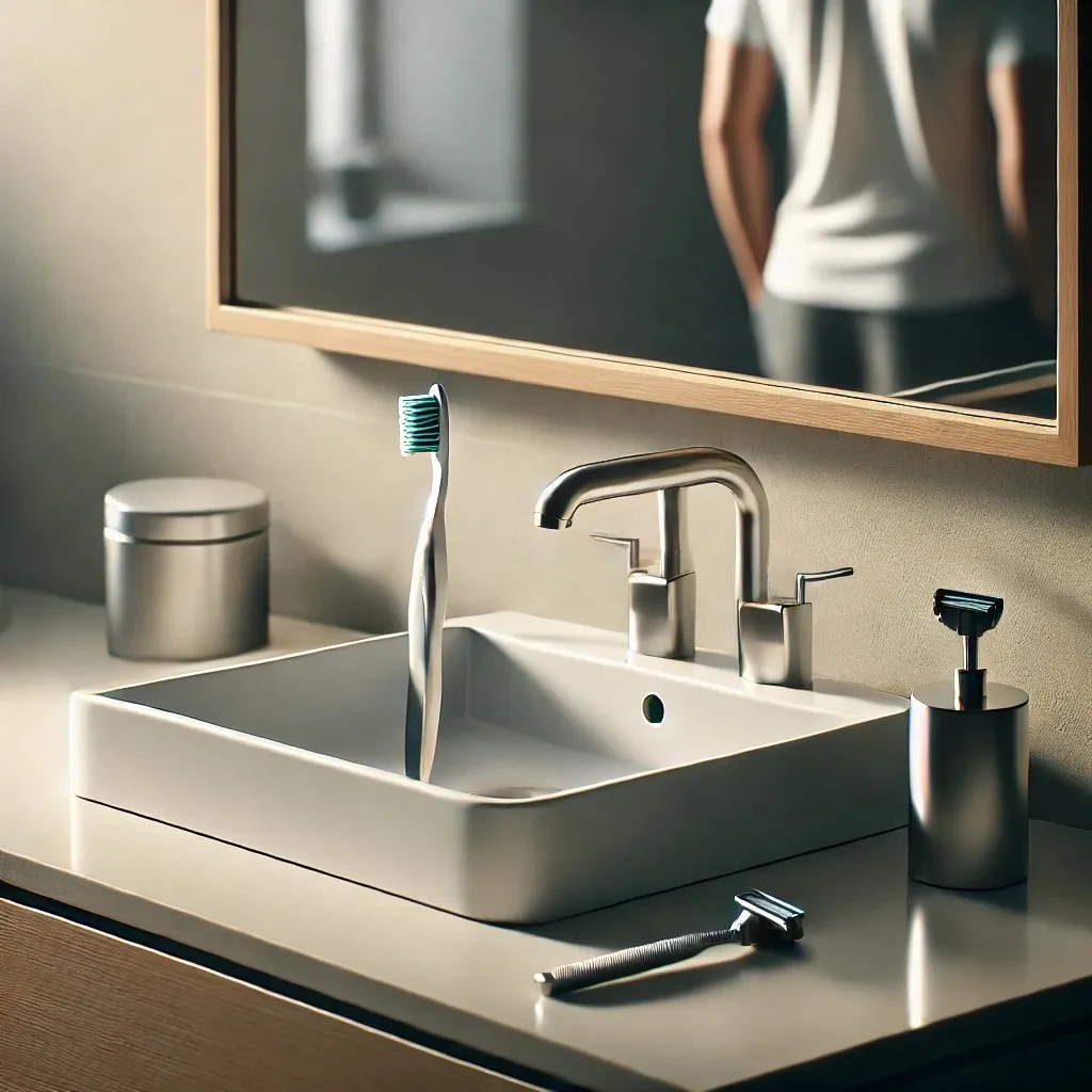 A modern bathroom sink with a sleek design and a clean countertop