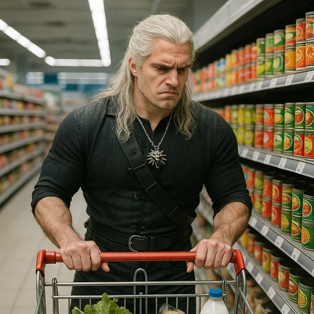 A rugged, white-haired man with a scar across his face, resembling a fantasy monster hunter, shopping in a modern supermarket