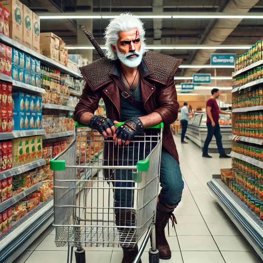 A rugged, white-haired man with a scar across his face, resembling a fantasy monster hunter, shopping in a modern supermarket