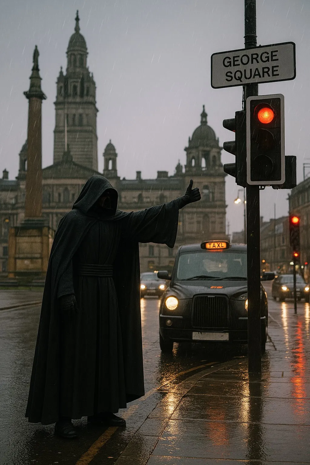 A tall, mysterious figure resembling a Sith Lord standing in Glasgow