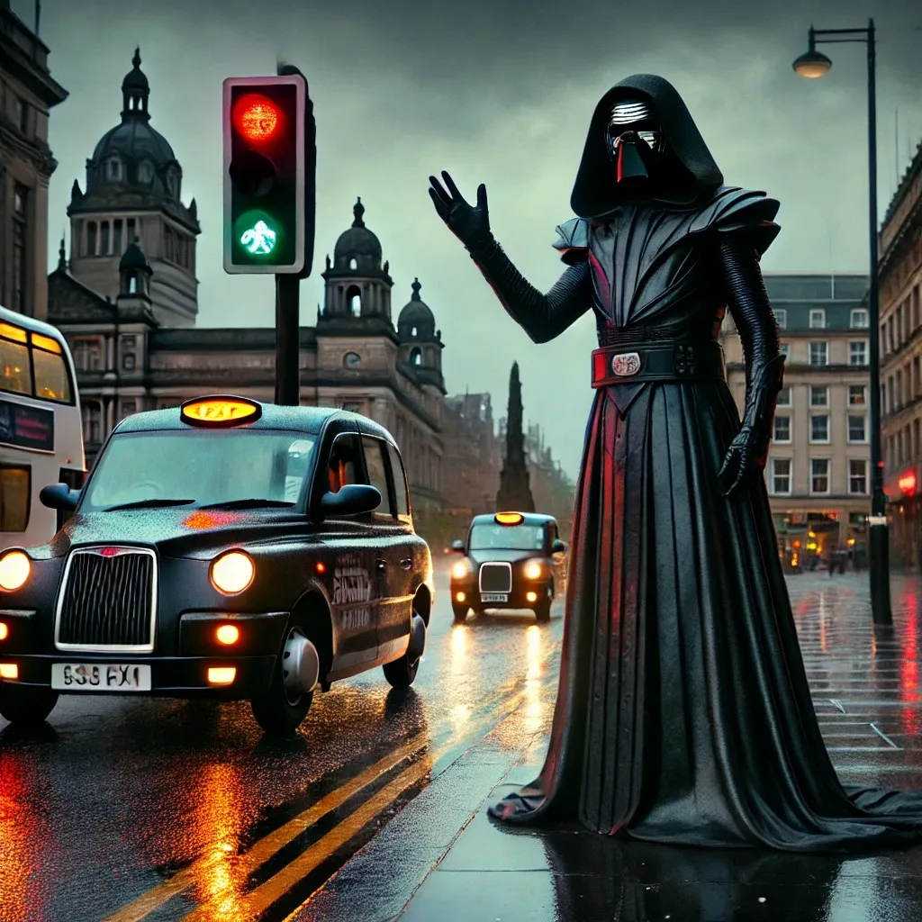 A tall, mysterious figure resembling a Sith Lord standing in George Square, Glasgow