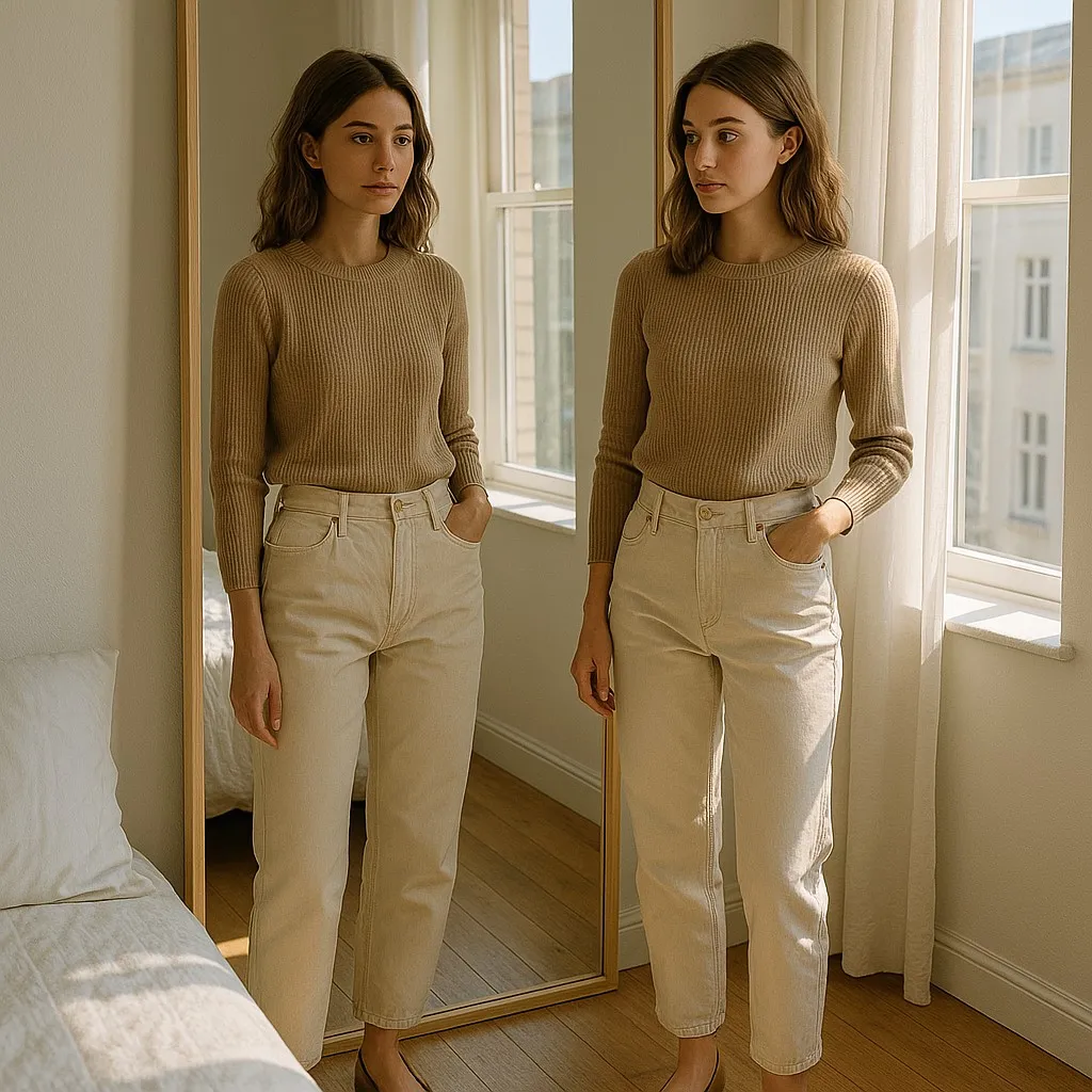 A woman standing in front of a full-length mirror in a sunlit bedroom-1