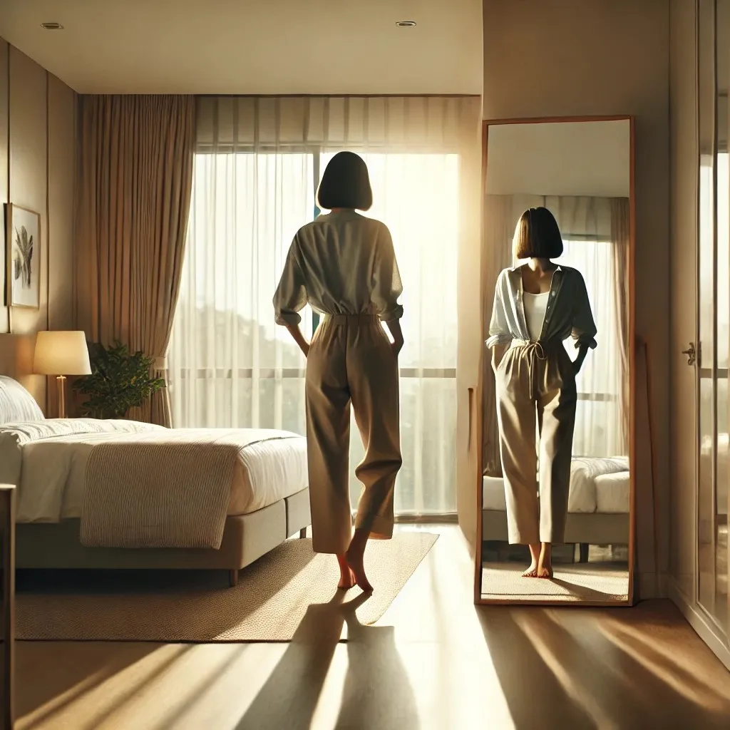 A woman standing in front of a full-length mirror in a sunlit bedroom