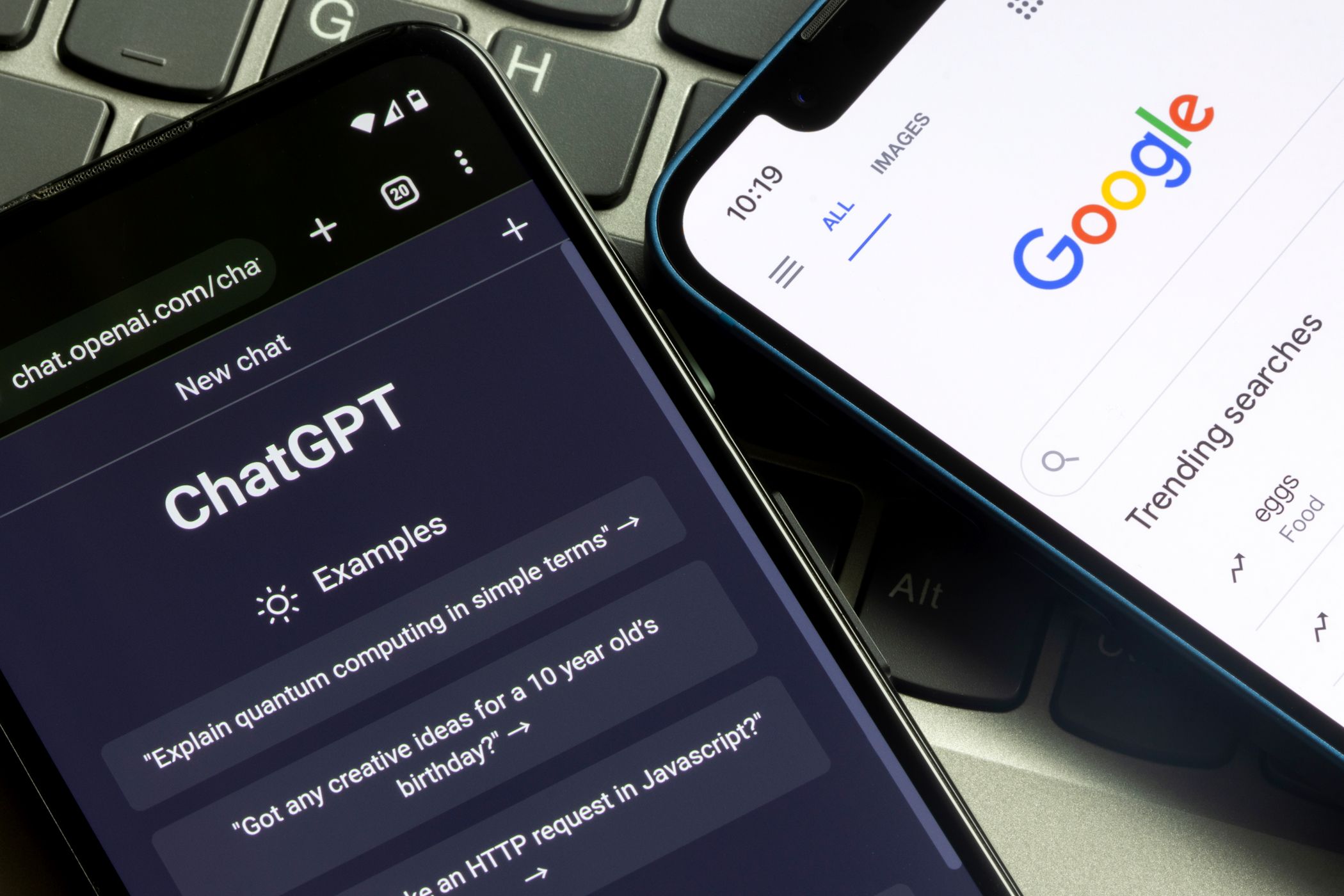 chatgpt and google apps on smartphone screens.