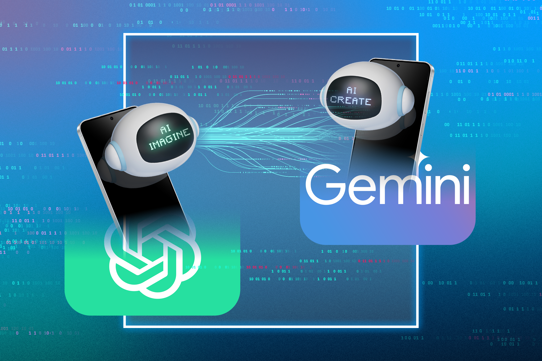 ChatGPT logo next to the Gemini logo, both with a phone and an AI robot sharing data between them.