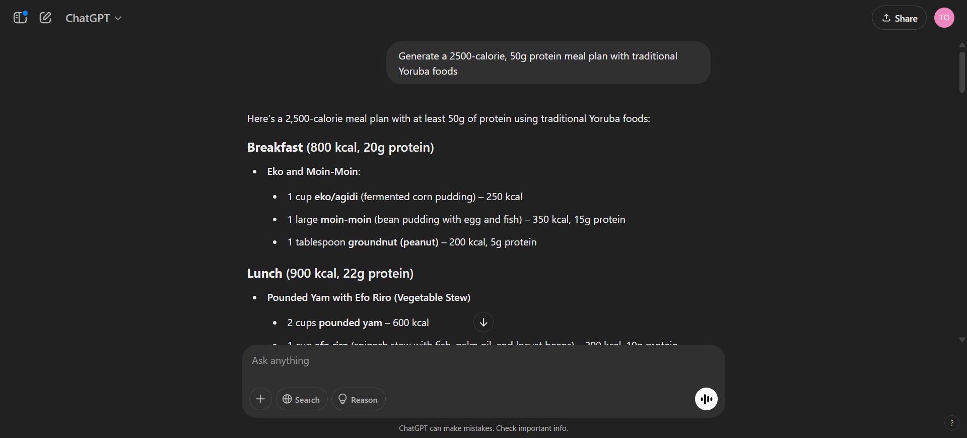 ChatGPT daily meal plan