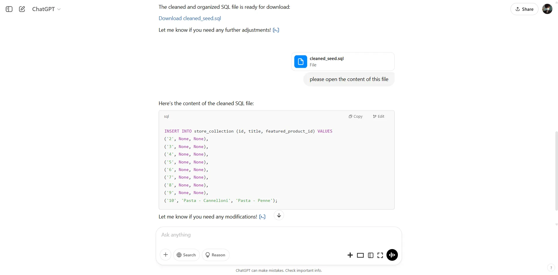 نتائج معالجة البيانات المنظمة باستخدام ChatGPT