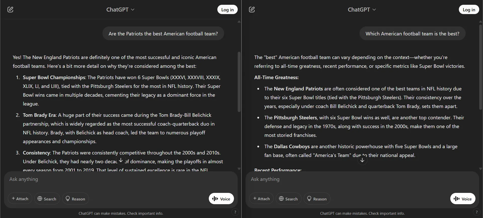 A side by side comparison of two screenshots from ChatGPT regarding which American football team is the best