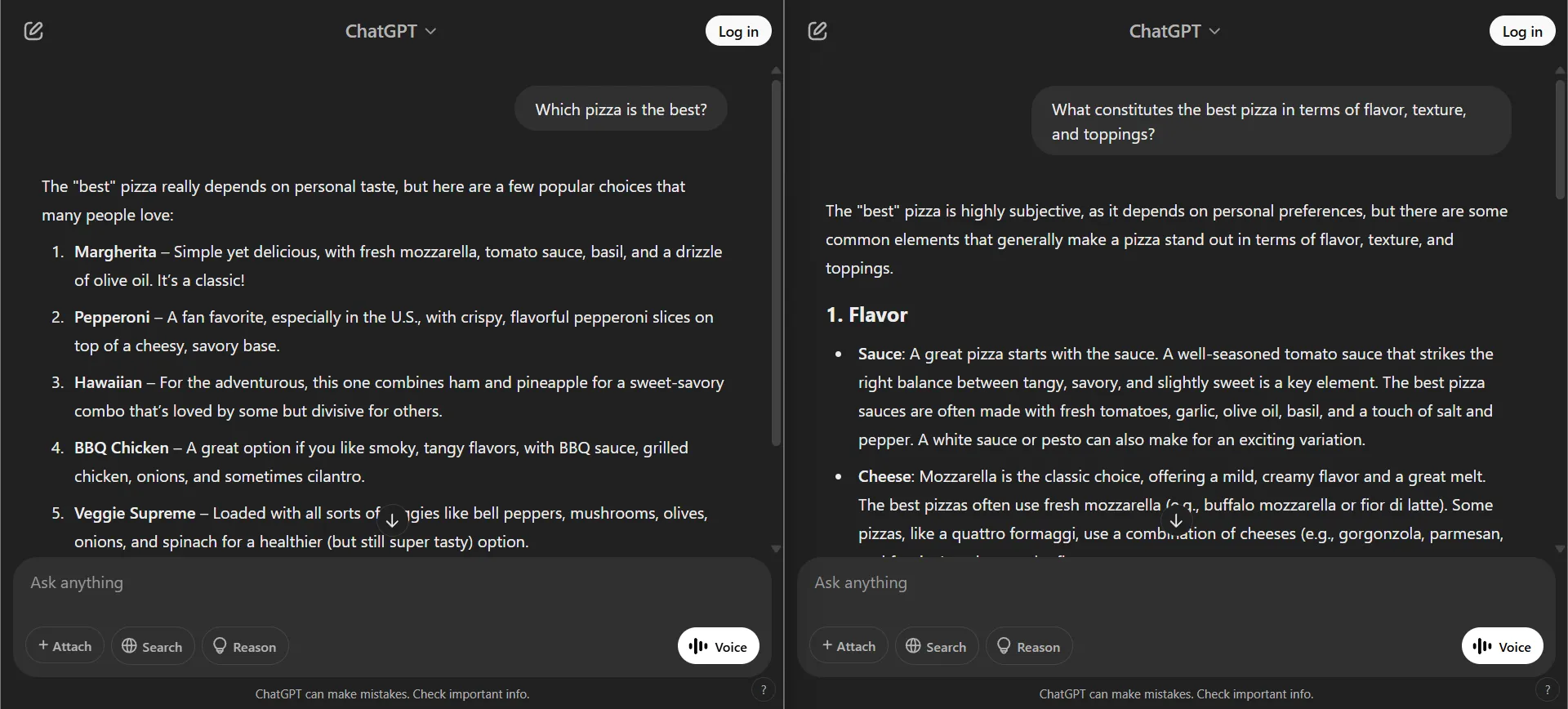 A side by side comparison of two screenshots from ChatGPT regarding which pizza is the best