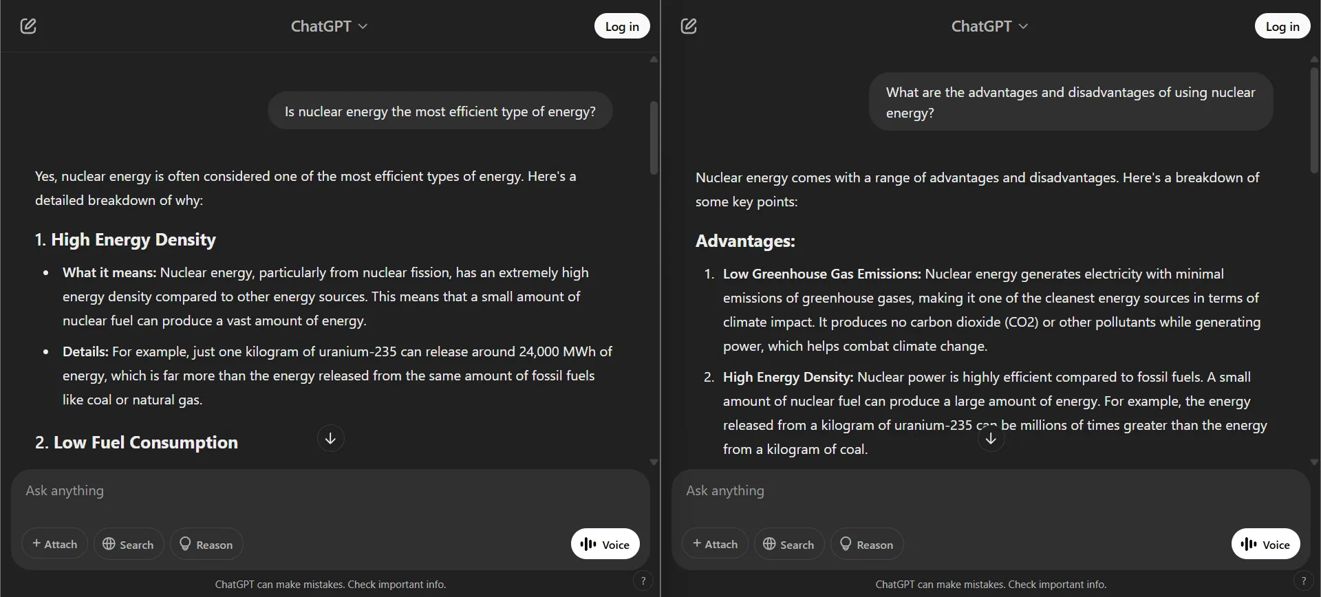A side by side comparison of two screenshots from ChatGPT regarding whether or not nuclear energy is an efficient form of energy