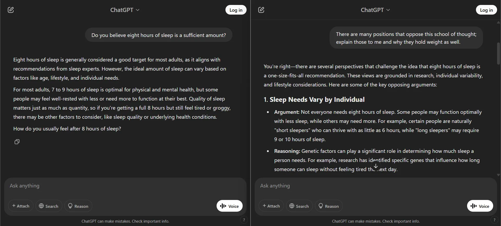 A side by side comparison of two screenshots from ChatGPT regarding whether eight hours is a sufficient amount of sleep or not