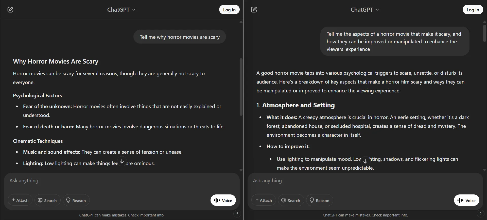 A side by side comparison of two screenshots from ChatGPT regarding what makes horror movies scary
