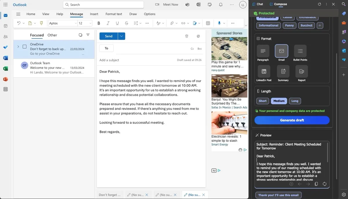 Copilot in Edge providing an email draft