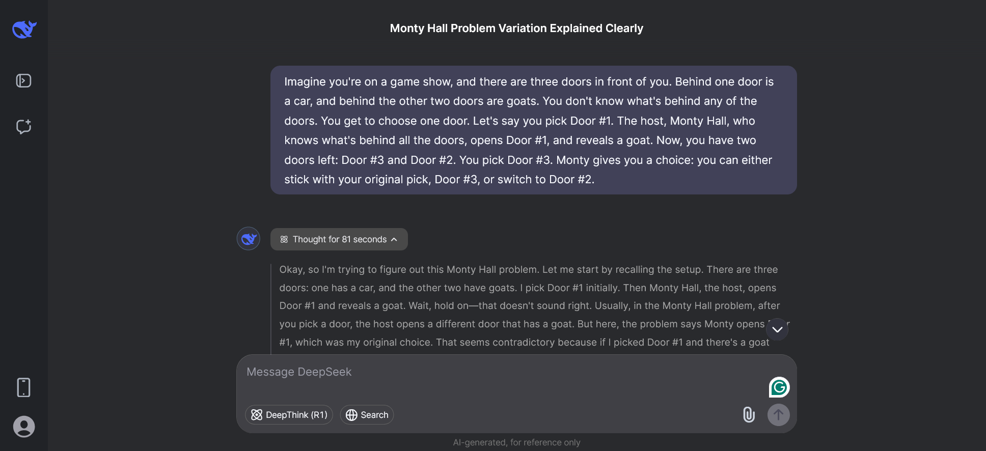 DeepSeek Monty Hall trick problem 