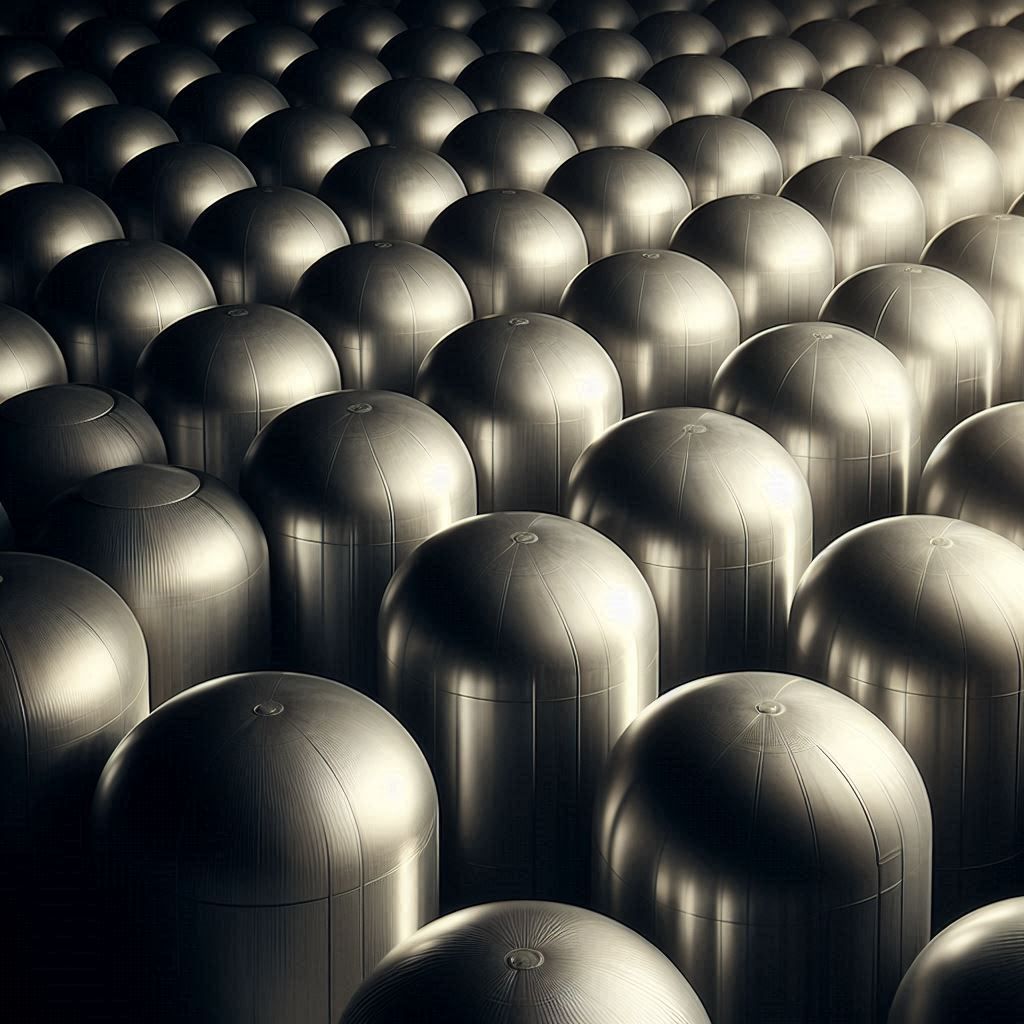 صورة مولدة بواسطة الذكاء الاصطناعي تُصوّر سلسلة من الأسطوانات اللامعة مصطفة جنبًا إلى جنب، تملأ الشاشة بأكملها