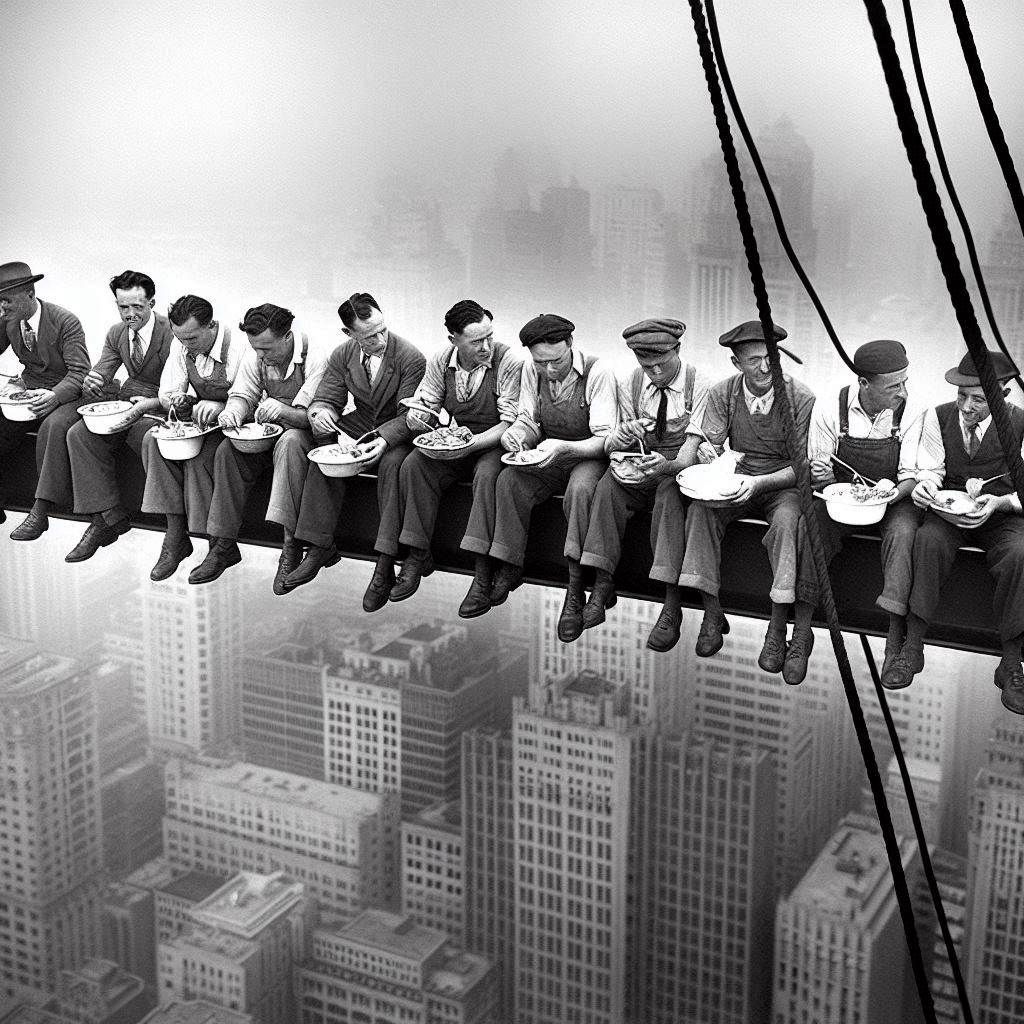 صورة مولدة بواسطة الذكاء الاصطناعي تُعيد إنشاء الصورة الشهيرة لعمال يجلسون على عارضة على ناطحة سحاب يتناولون الغداء