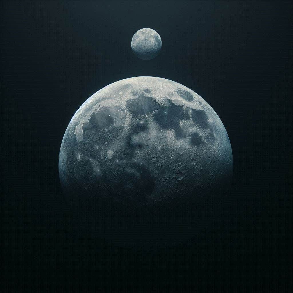 صورة مولدة بالذكاء الاصطناعي تُصوّر القمر في المقدمة والأرض في الخلفية