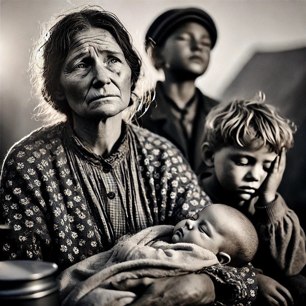 AI-generated image reminiscent of a famous photograph taken during the great depression of a mother holding her children
