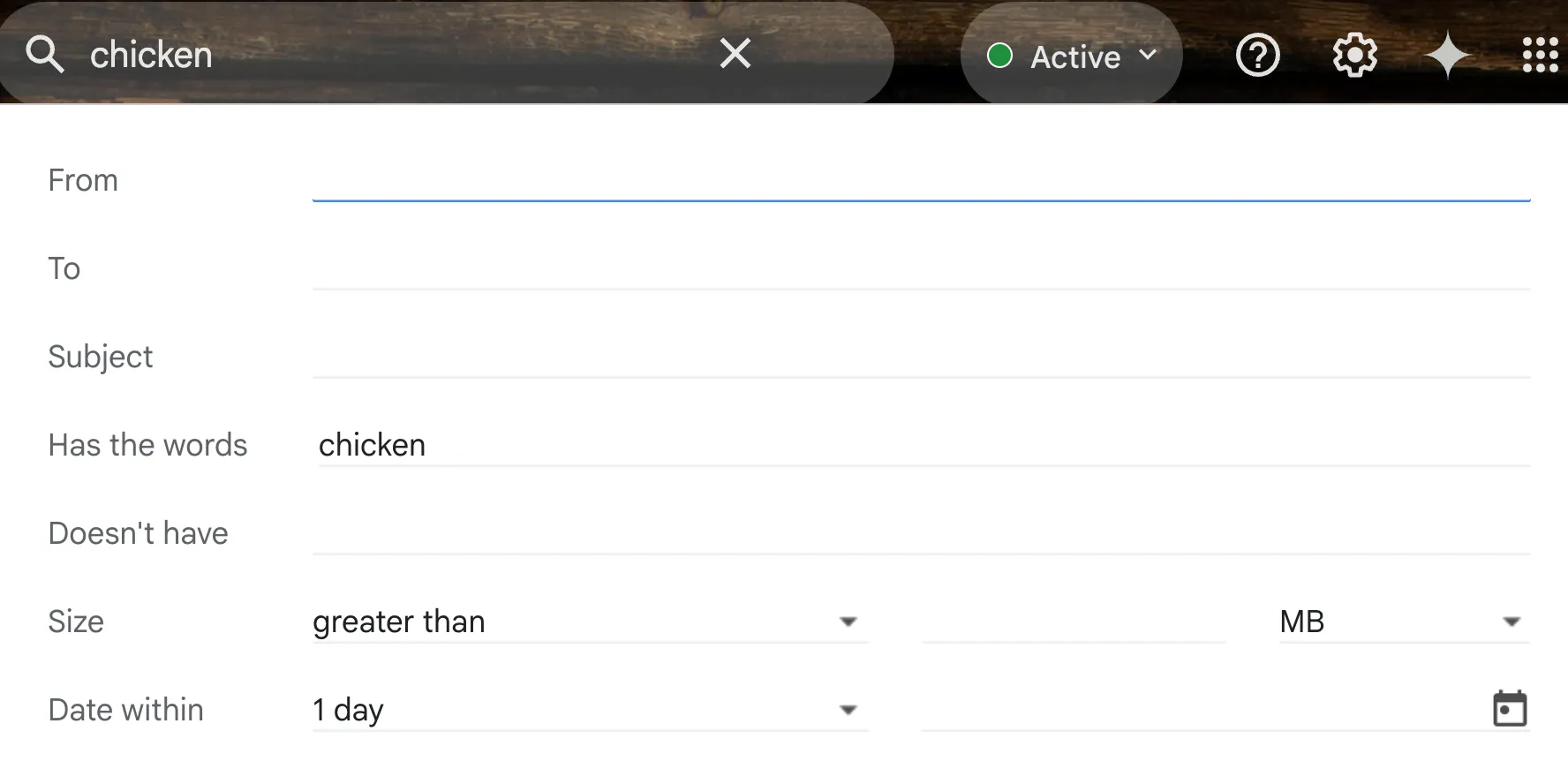 An example of Gmail's advanced search options, which don't currently include reference to the AI search tool