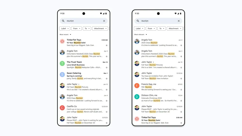 Two mobile devices displaying a before and after using the AI-powered Most relevant search feature