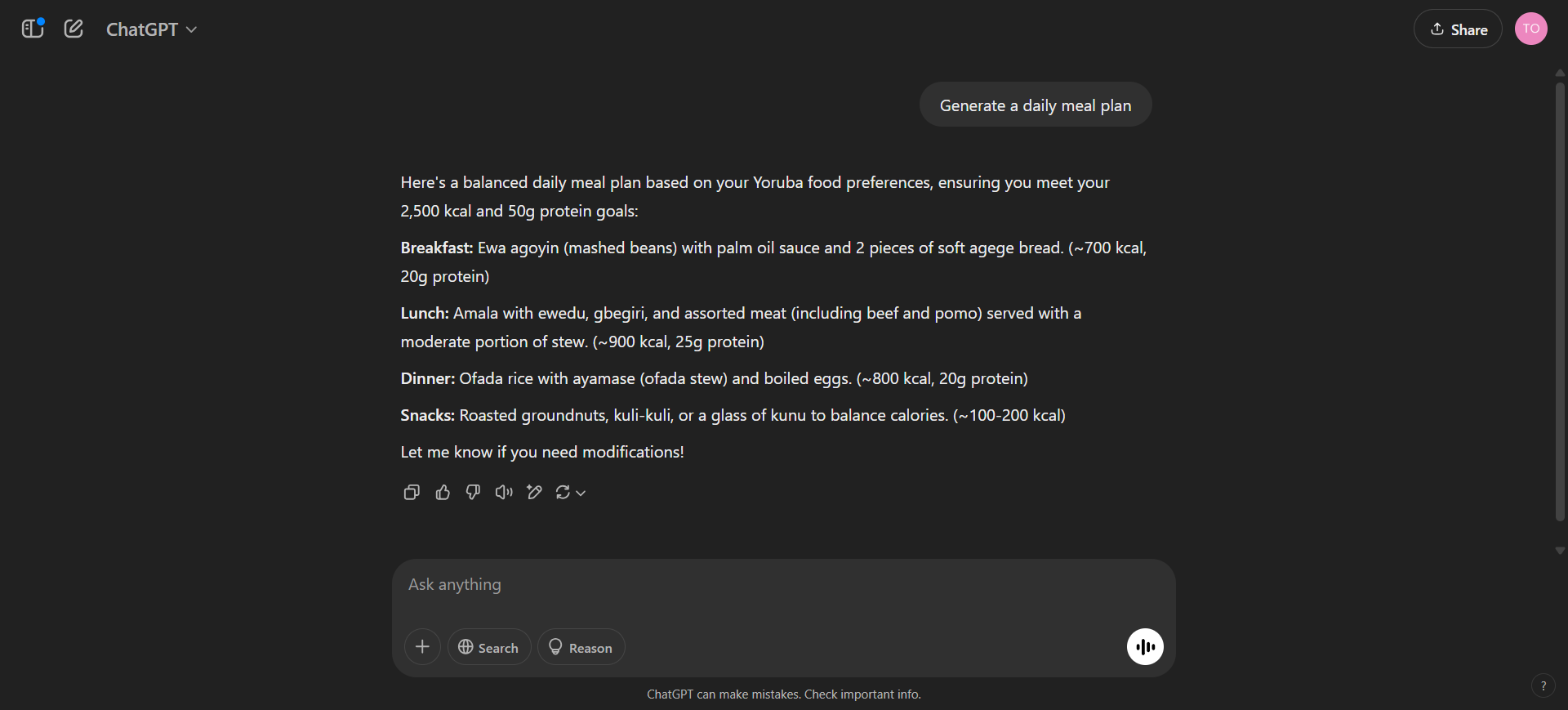 meal plan with custom instructions