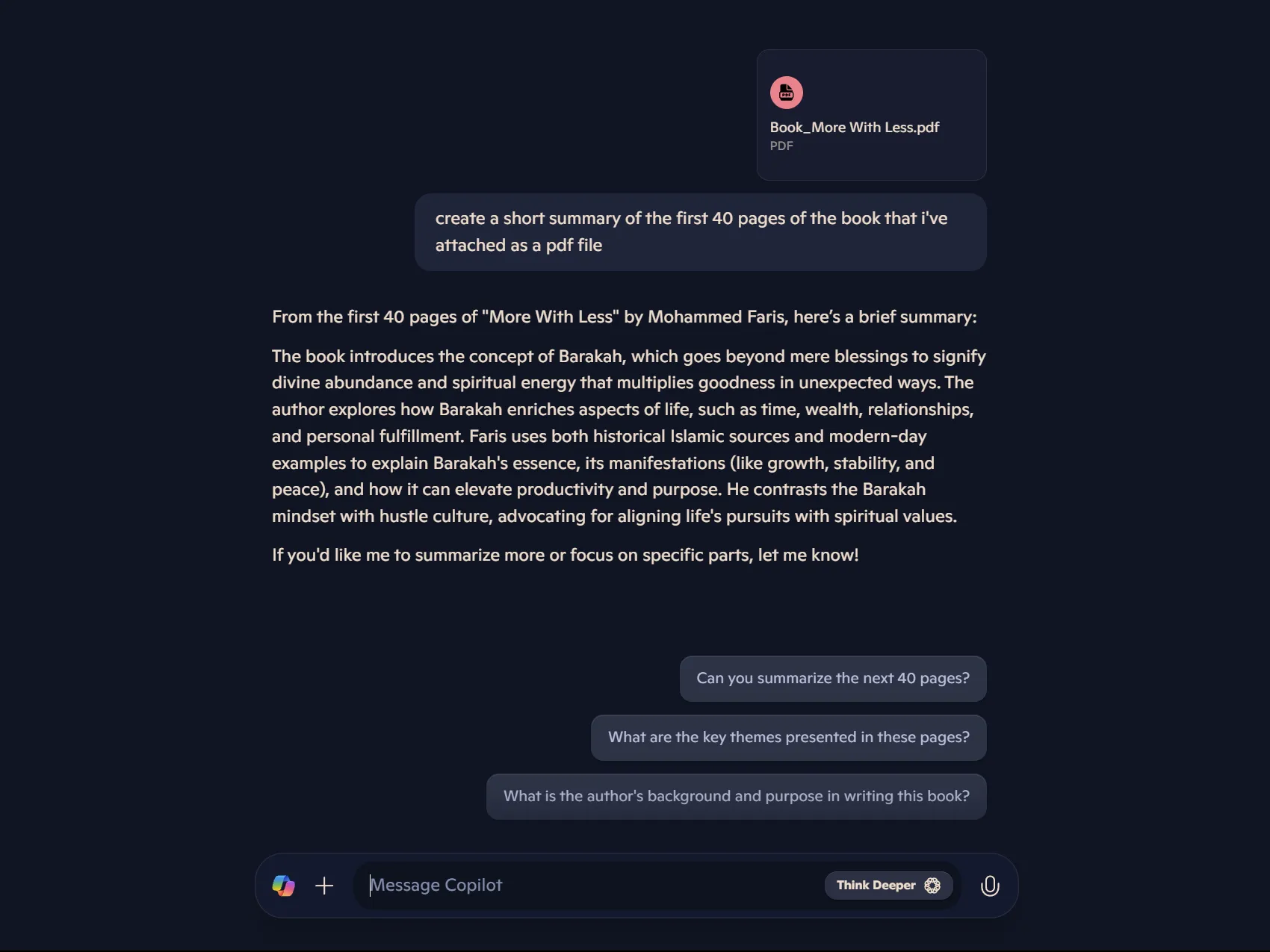 Microsoft Copilot response on summary of 40 pages book