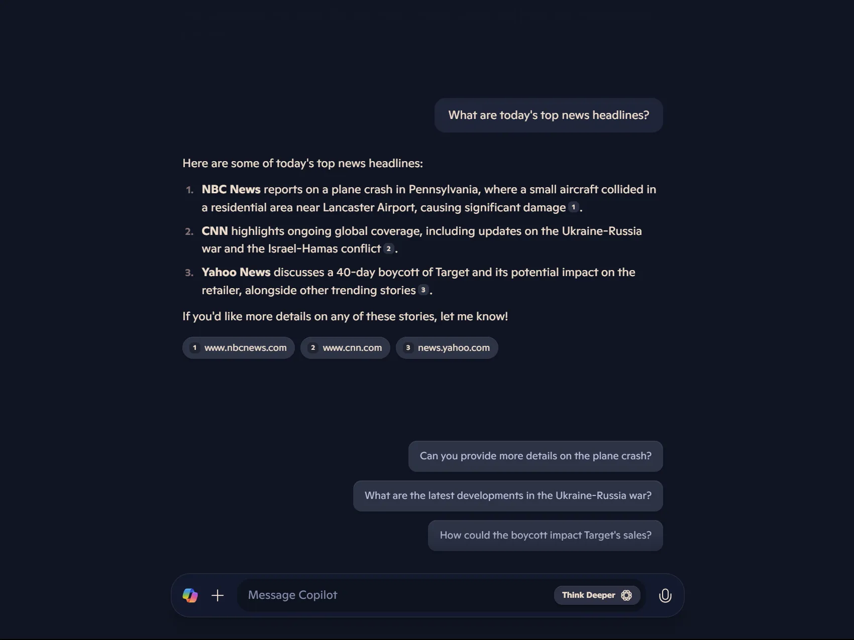 Microsoft Copilot response on top headlines of the day with sources