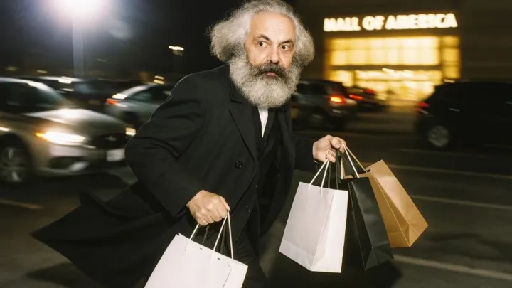 OpenAI generated image - A candid paparazzi-style photo of Karl Marx hurriedly walking through the parking lot of the Mall of America.