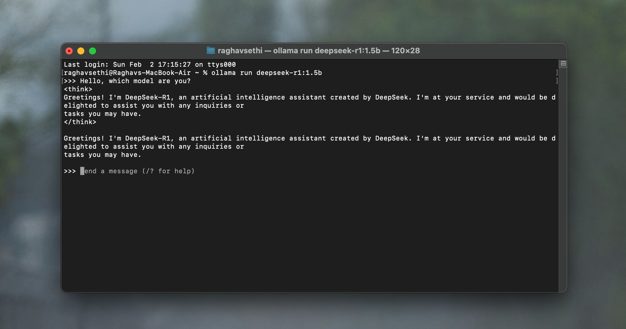 DeepSeek-R1 running inside a Terminal window