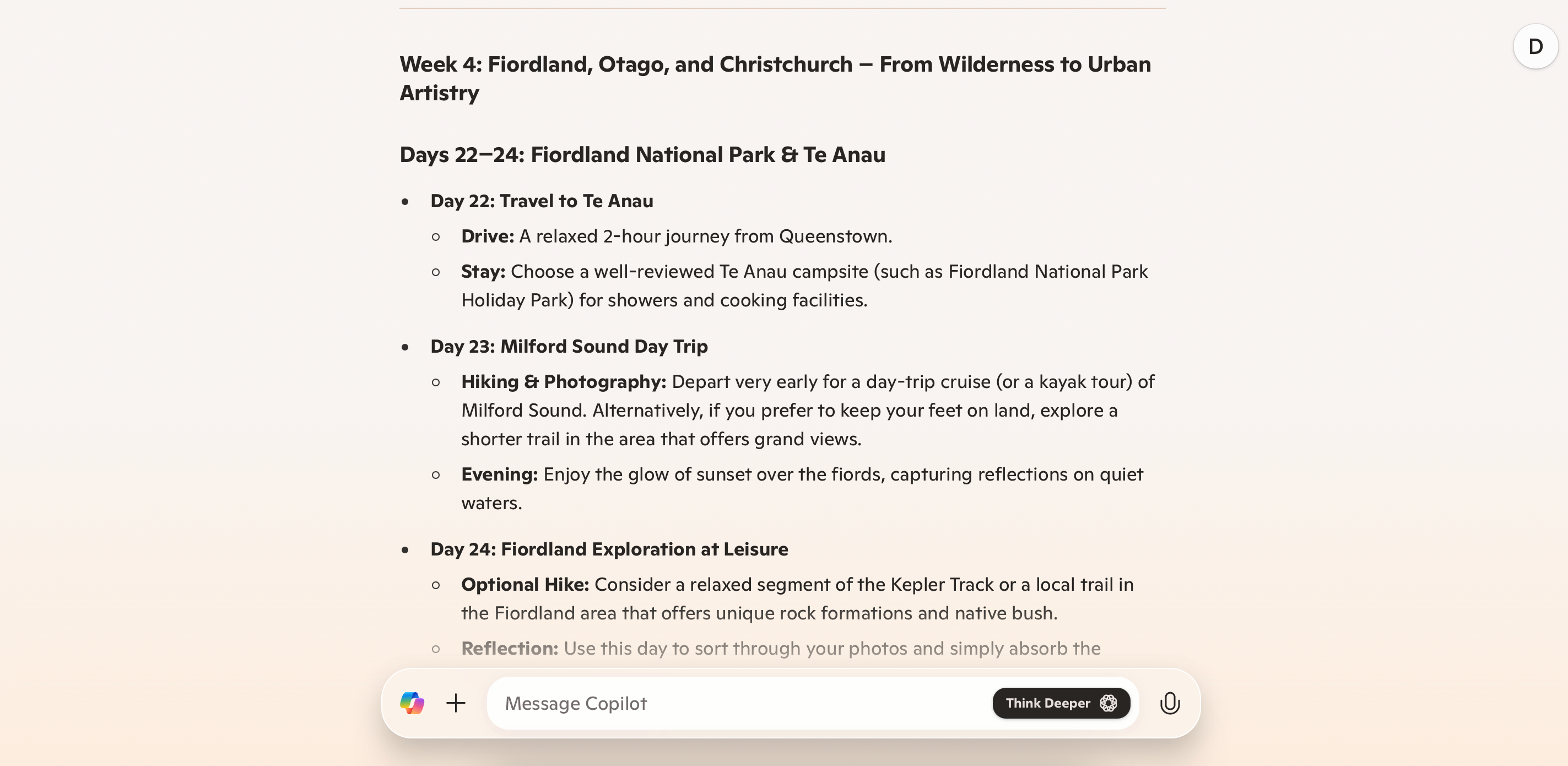 A travel itinerary snippet in Microsoft Copilot