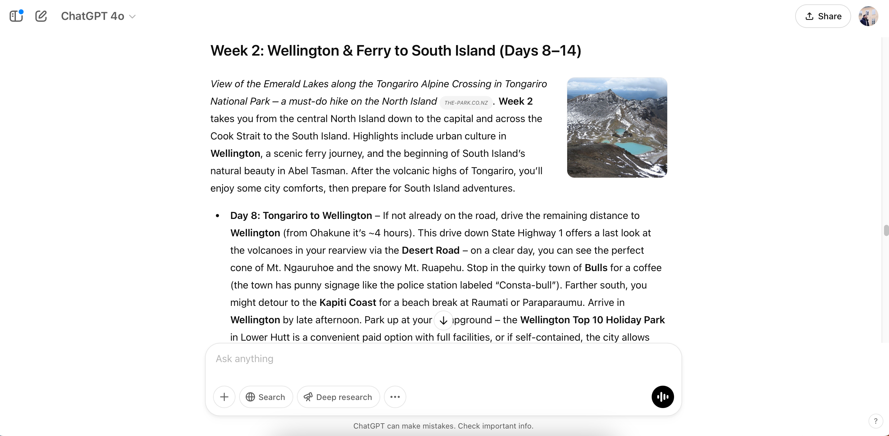 ChatGPT giving an itinerary