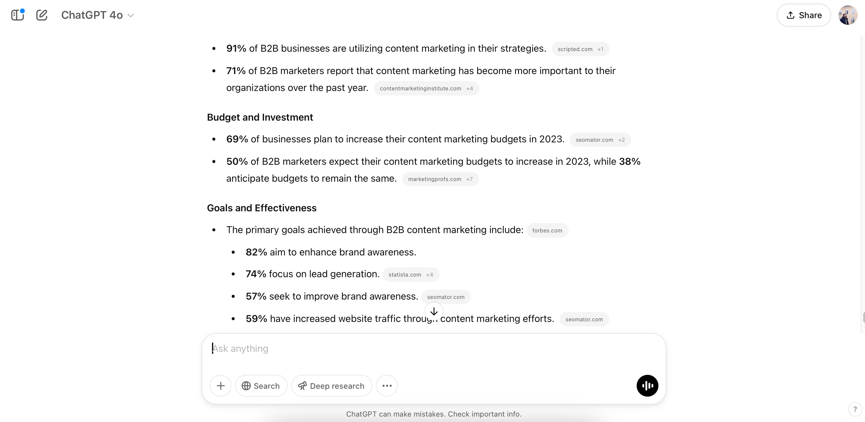 قائمة بإحصائيات تسويق المحتوى المعروضة في ChatGPT