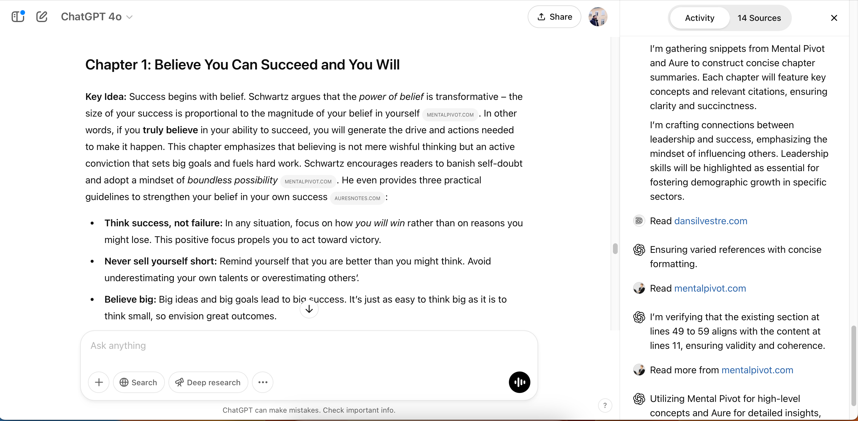 A book summary in the ChatGPT web app