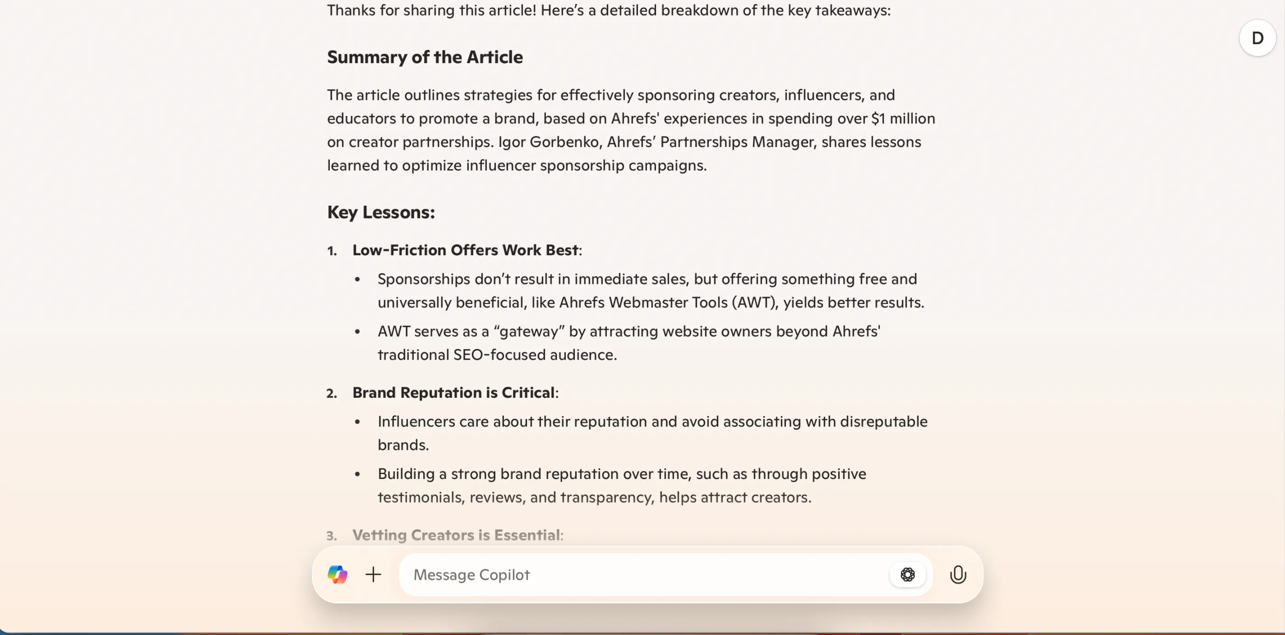Summarizing an article in Microsoft Copilot