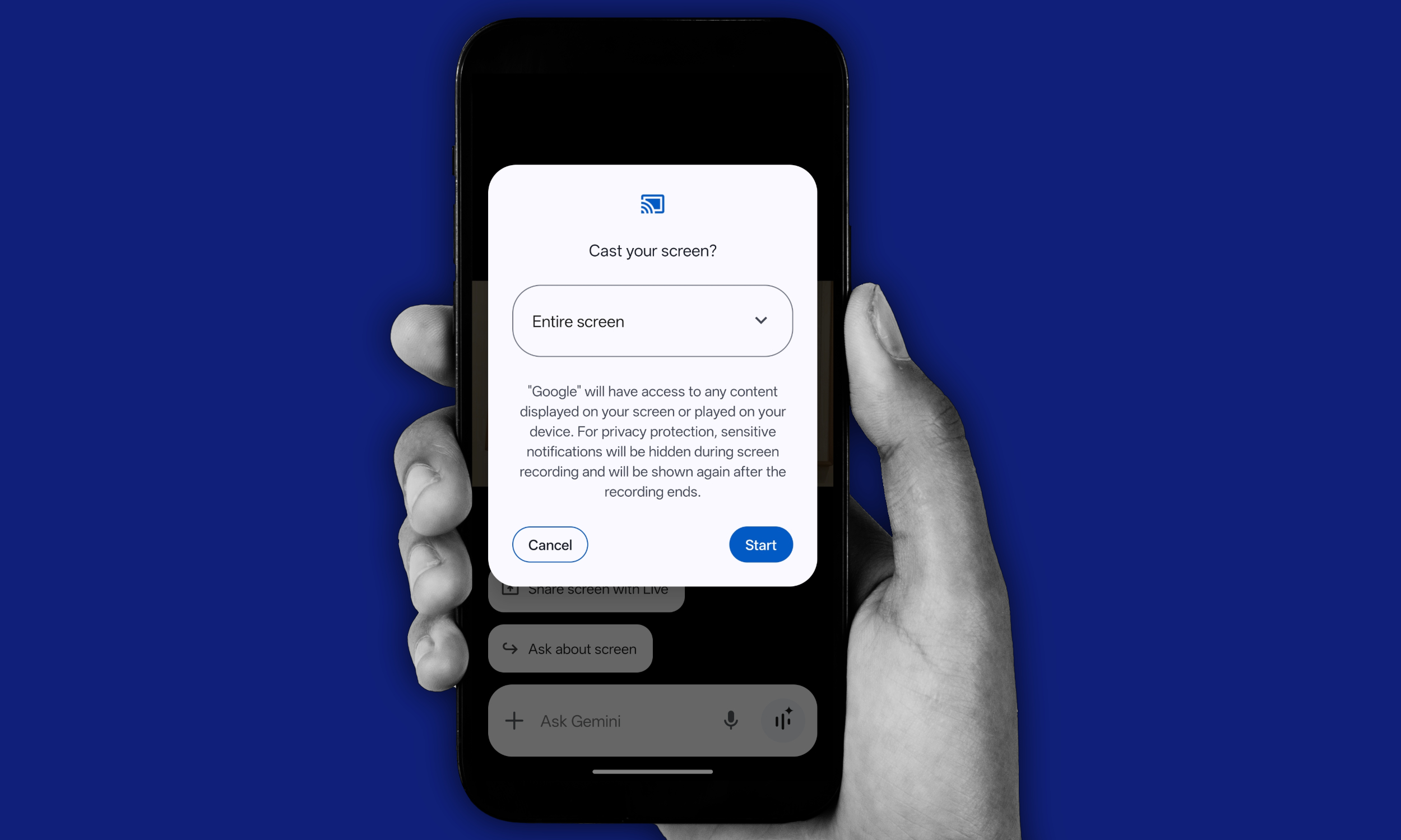 Alert for Gemini Live with camera and screen sharing.