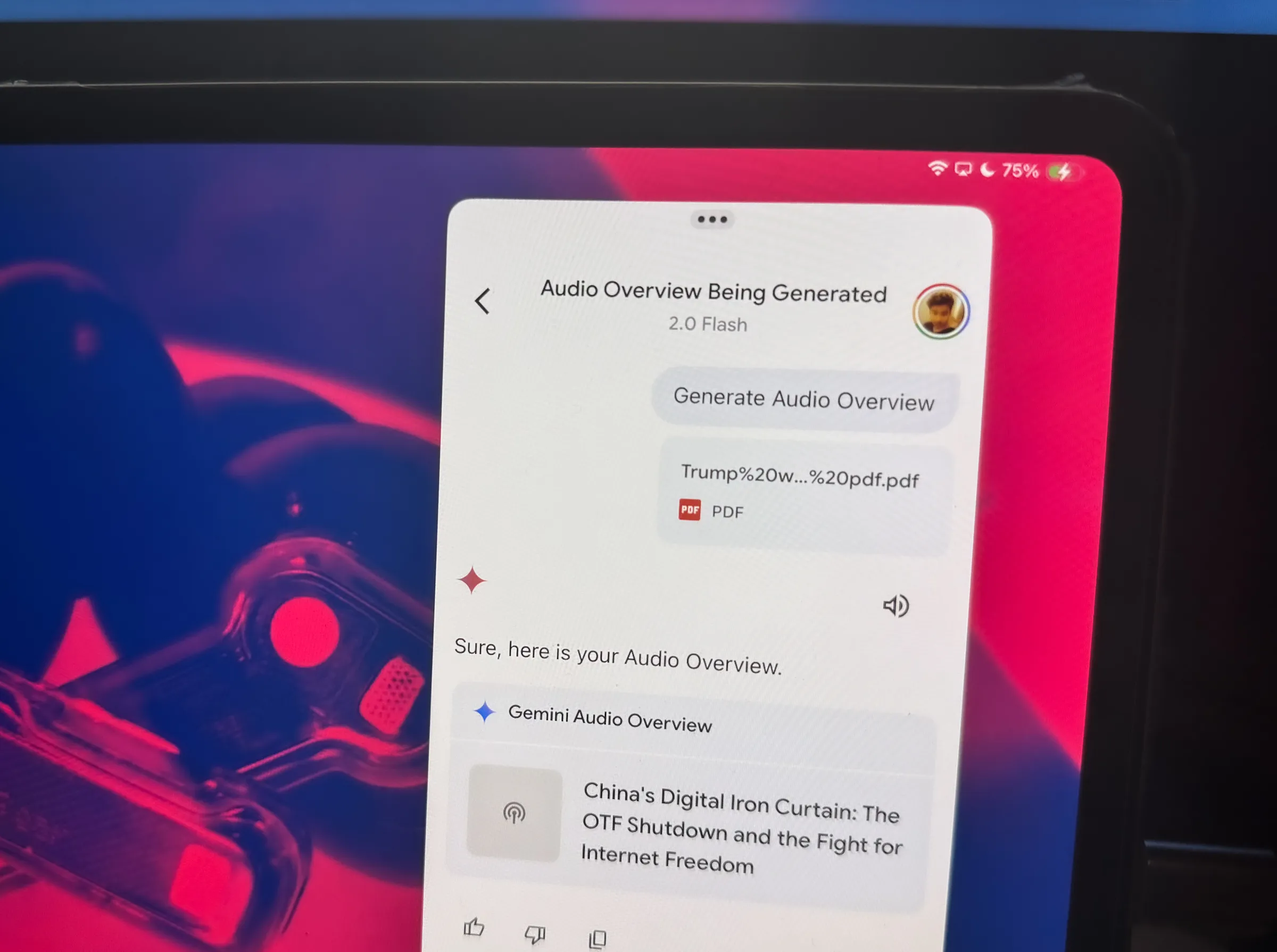 Generating audio overview podcast in Gemini.