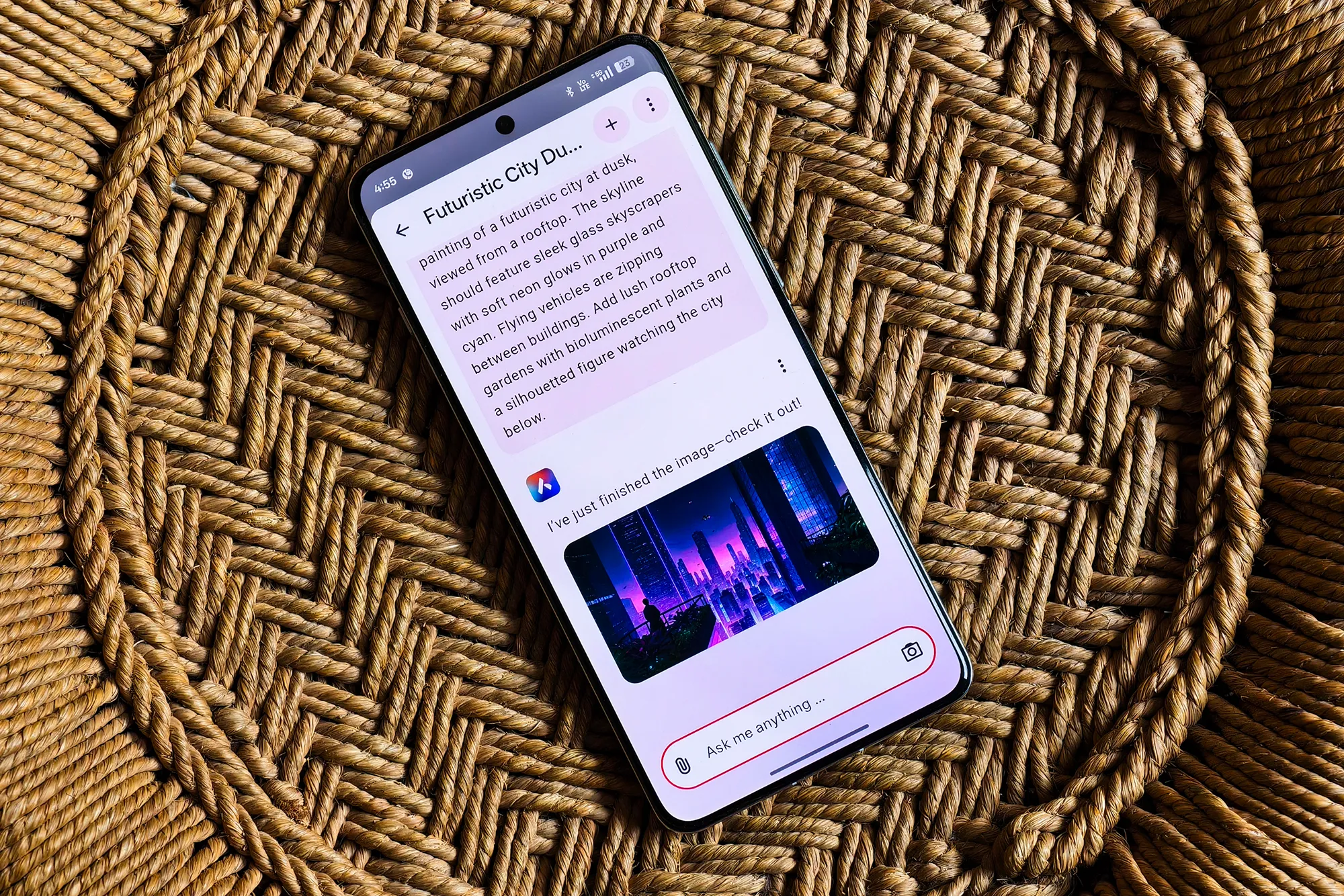 إنشاء الصور من النص باستخدام روبوت الدردشة Opera Aria AI على هاتف Android.